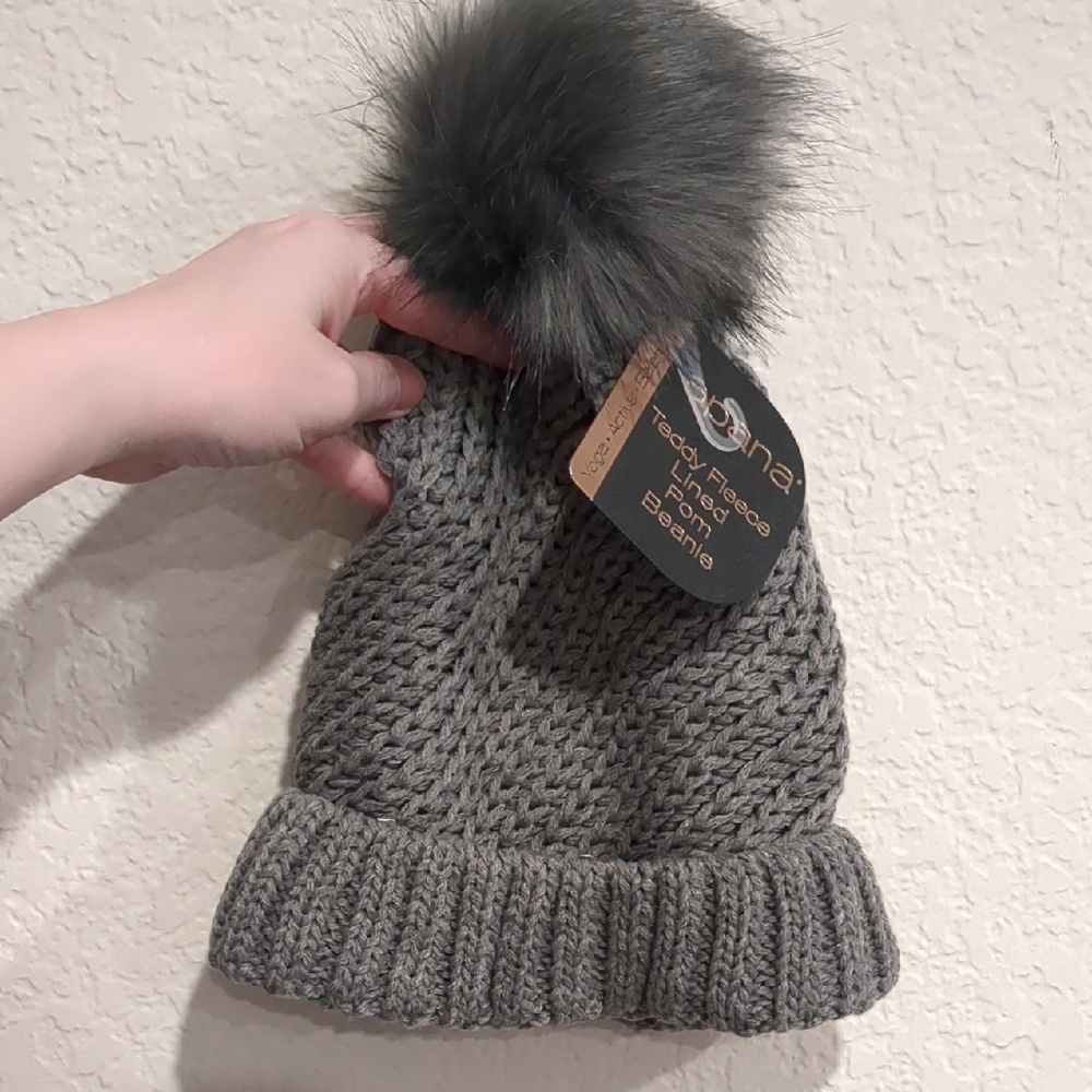 Apana Grey Teddy Fleece Lined Beanie with Pom